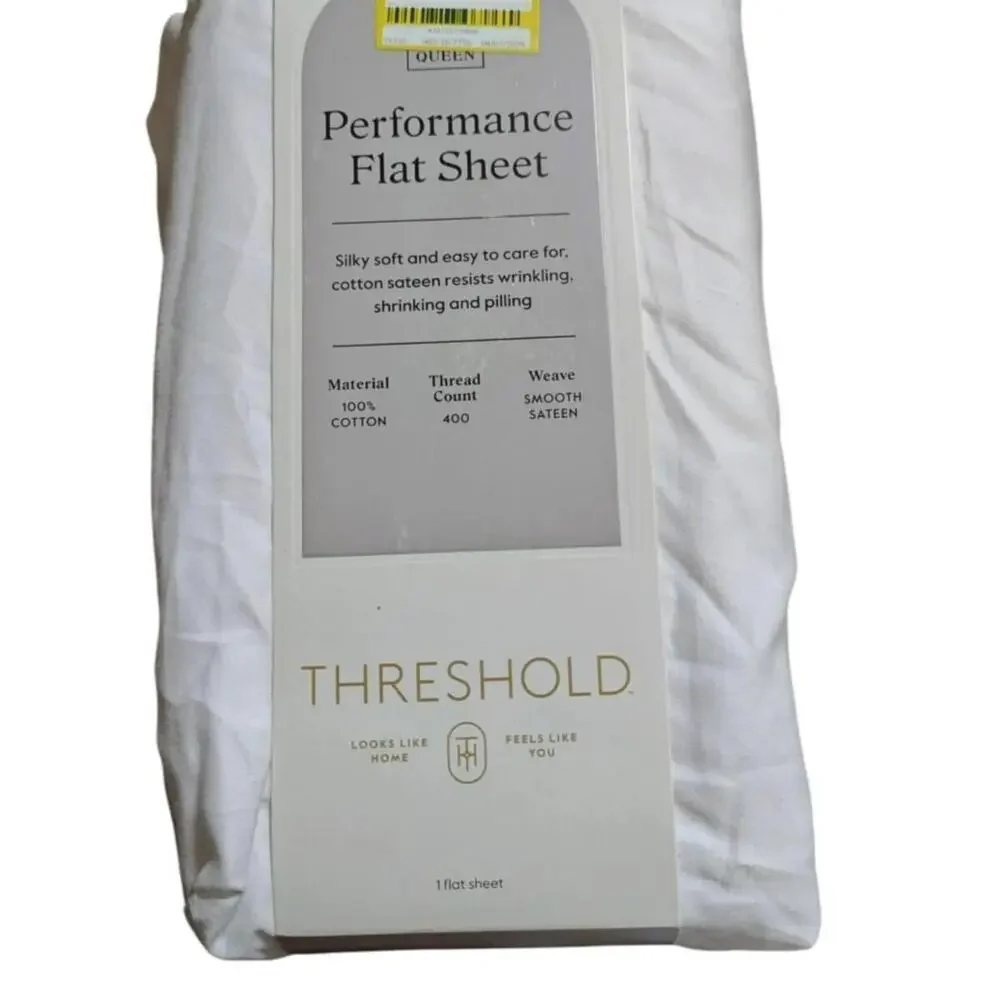 QUEEN Threshold 400 Thread Count Perfor Flat Sheet Sateen WHITE 100% Cotton